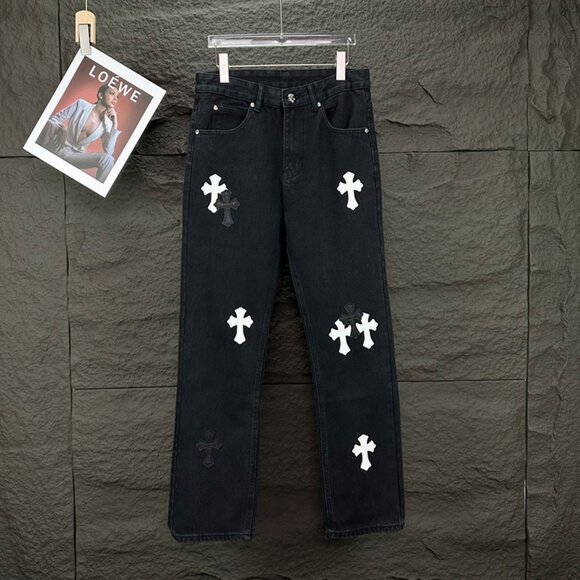 Chrome Hearts Black And White Cross Patch Washed Jeans - Picture 1 of 9